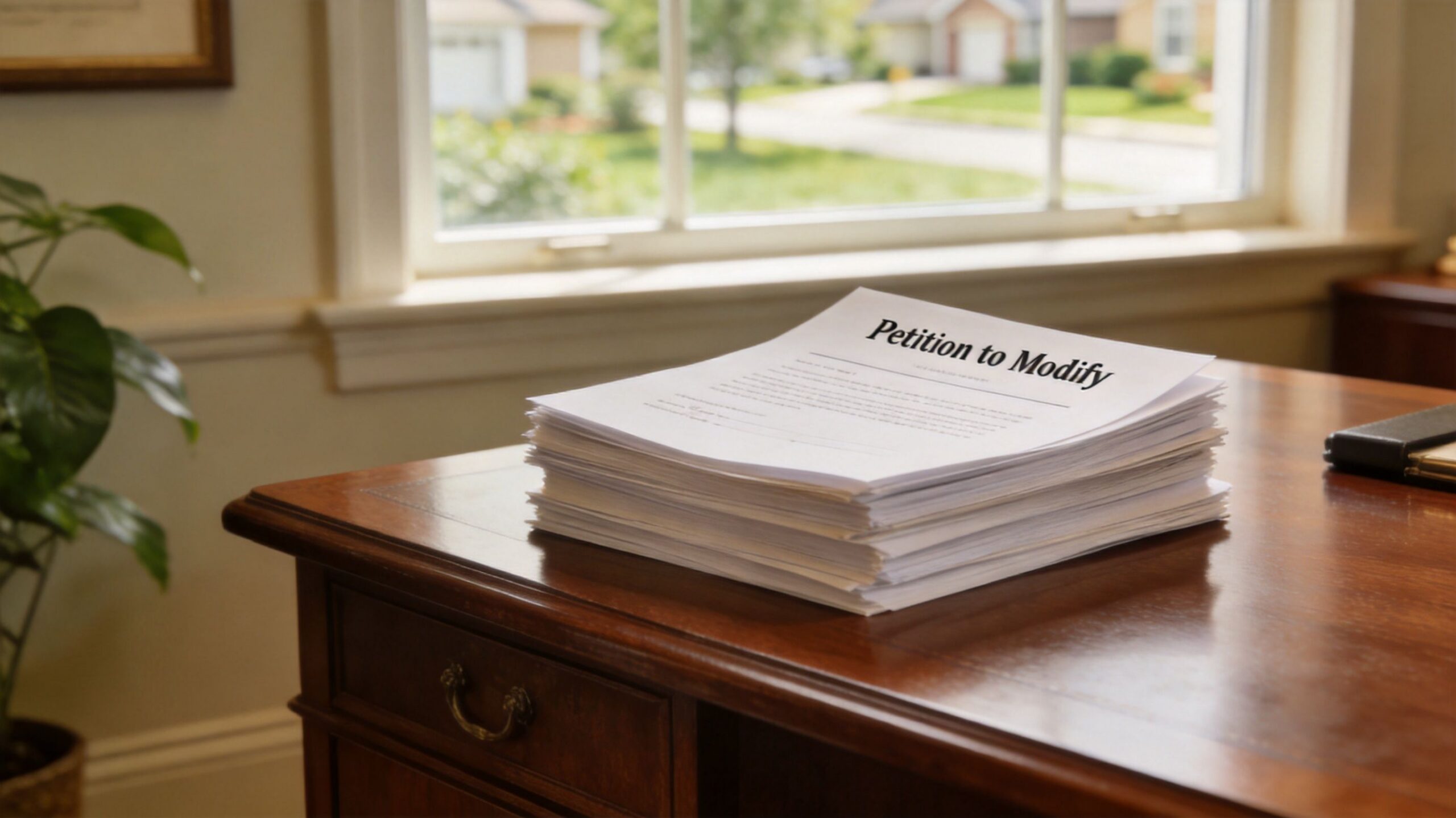 A stack of legal documents titled Petition to Modify sitting on a wooden office desk.