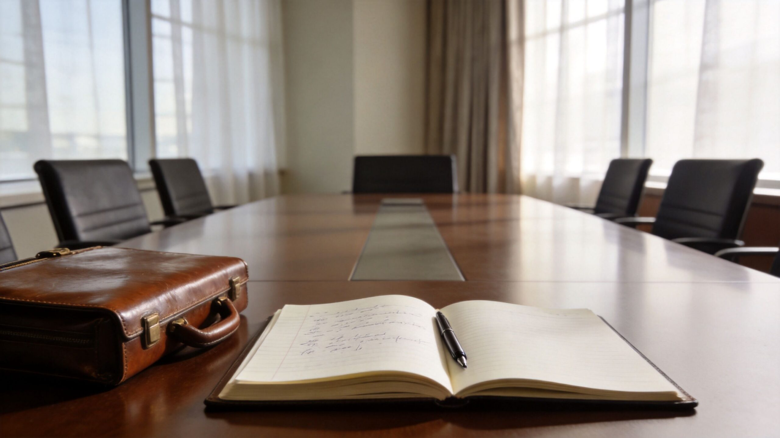 A leather briefcase and an open notebook with a pen on a large wooden conference table.