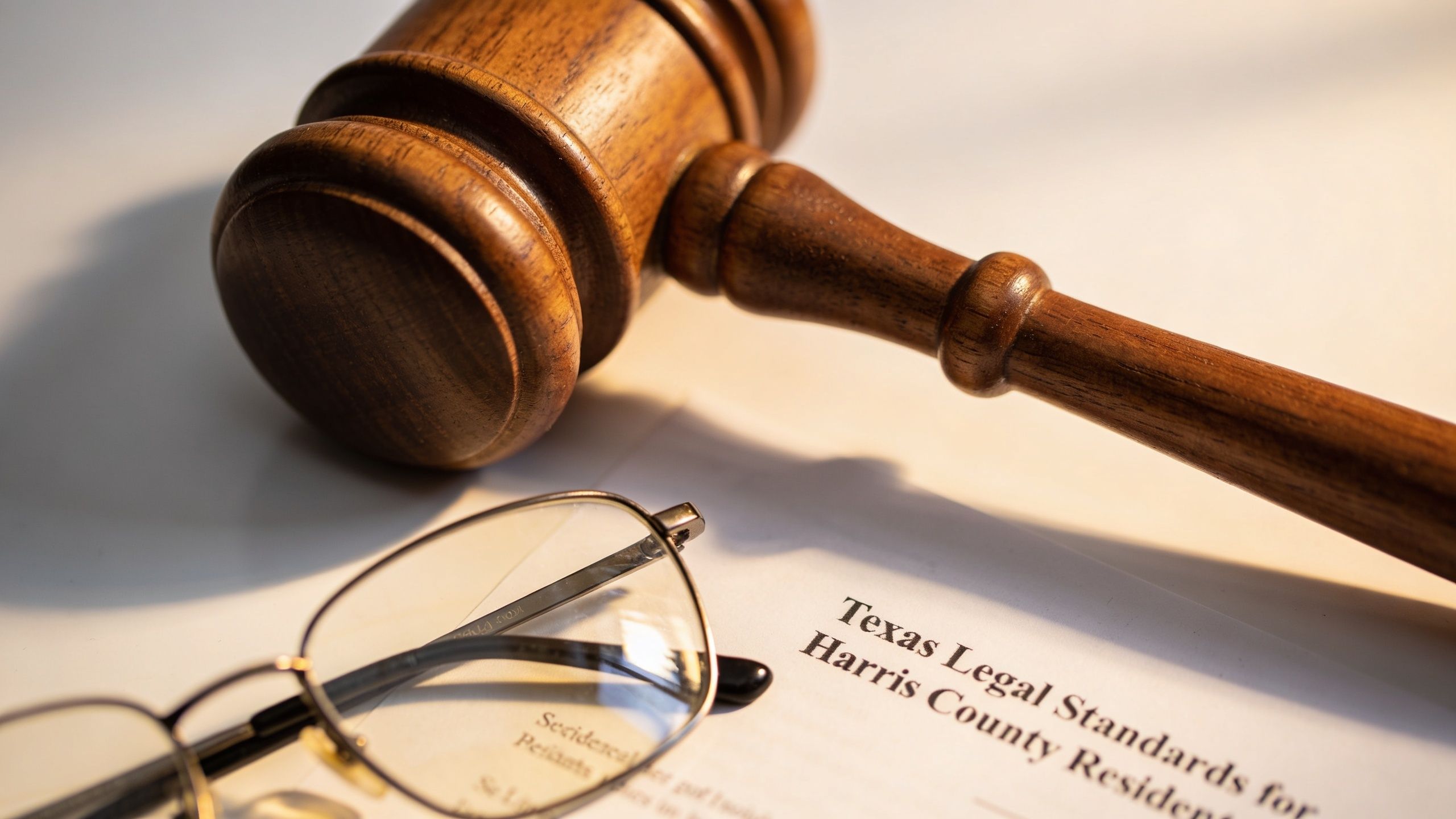 A wooden gavel resting on legal documents alongside a pair of reading glasses on a desk.
