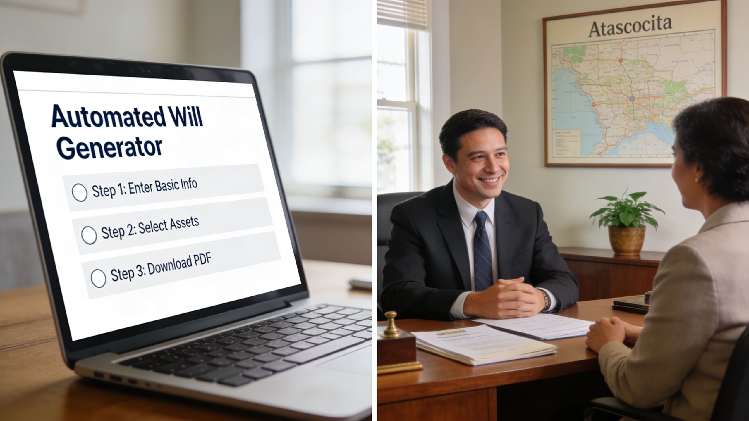 A professional attorney discussing estate planning with a client in an office setting with a computer.