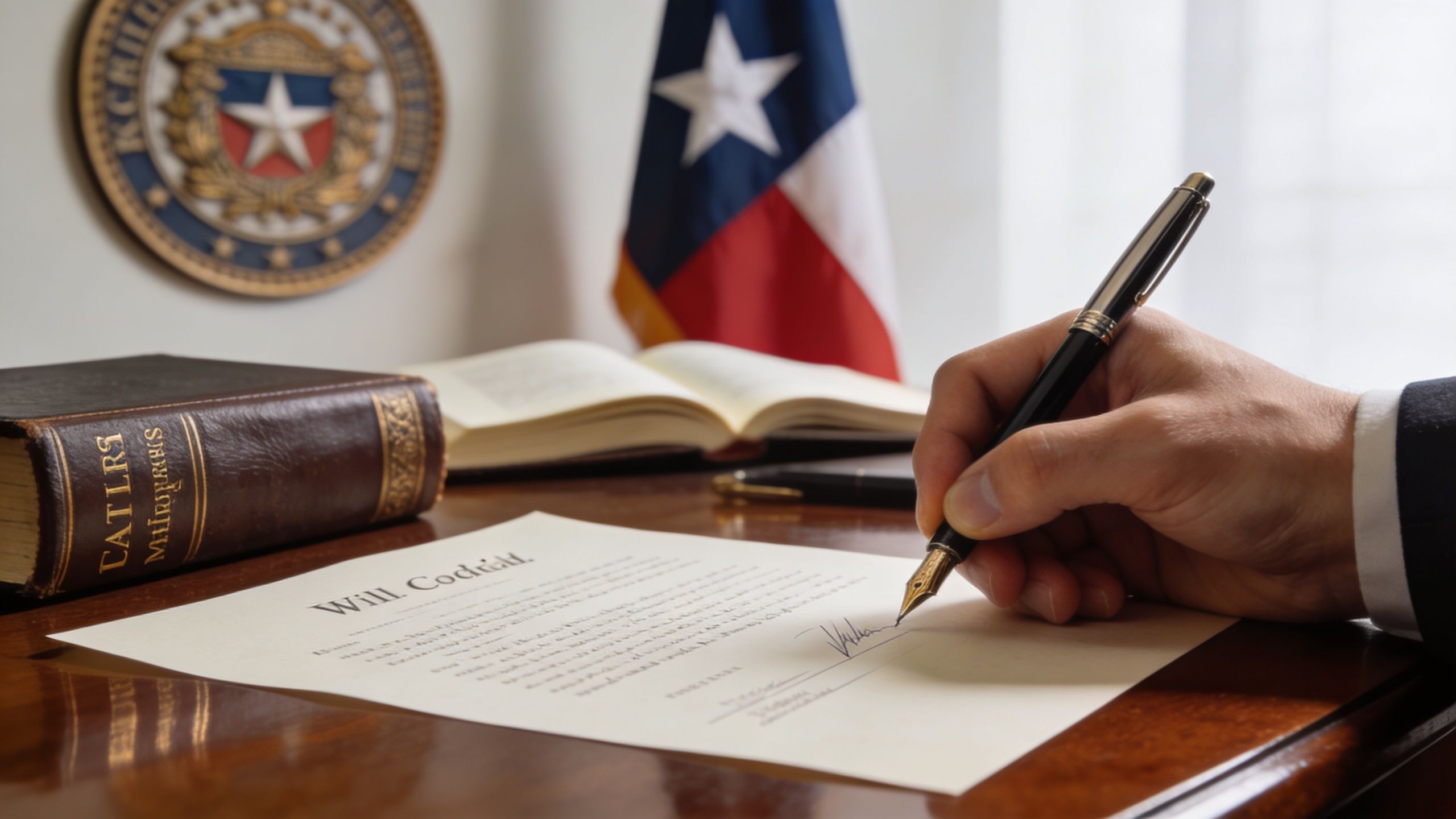 A professional attorney signs a legal will document on a mahogany desk in Texas, USA.