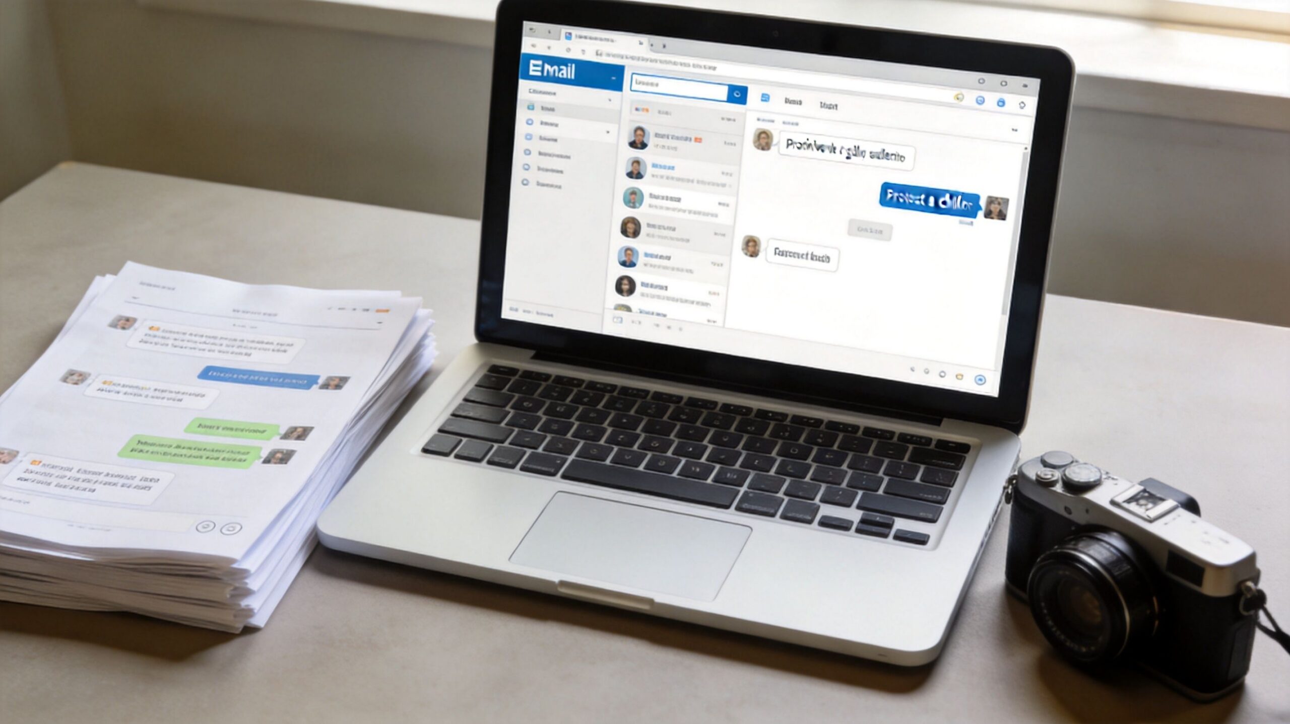 A laptop displaying an email interface with chat logs next to a stack of printed documents and camera.