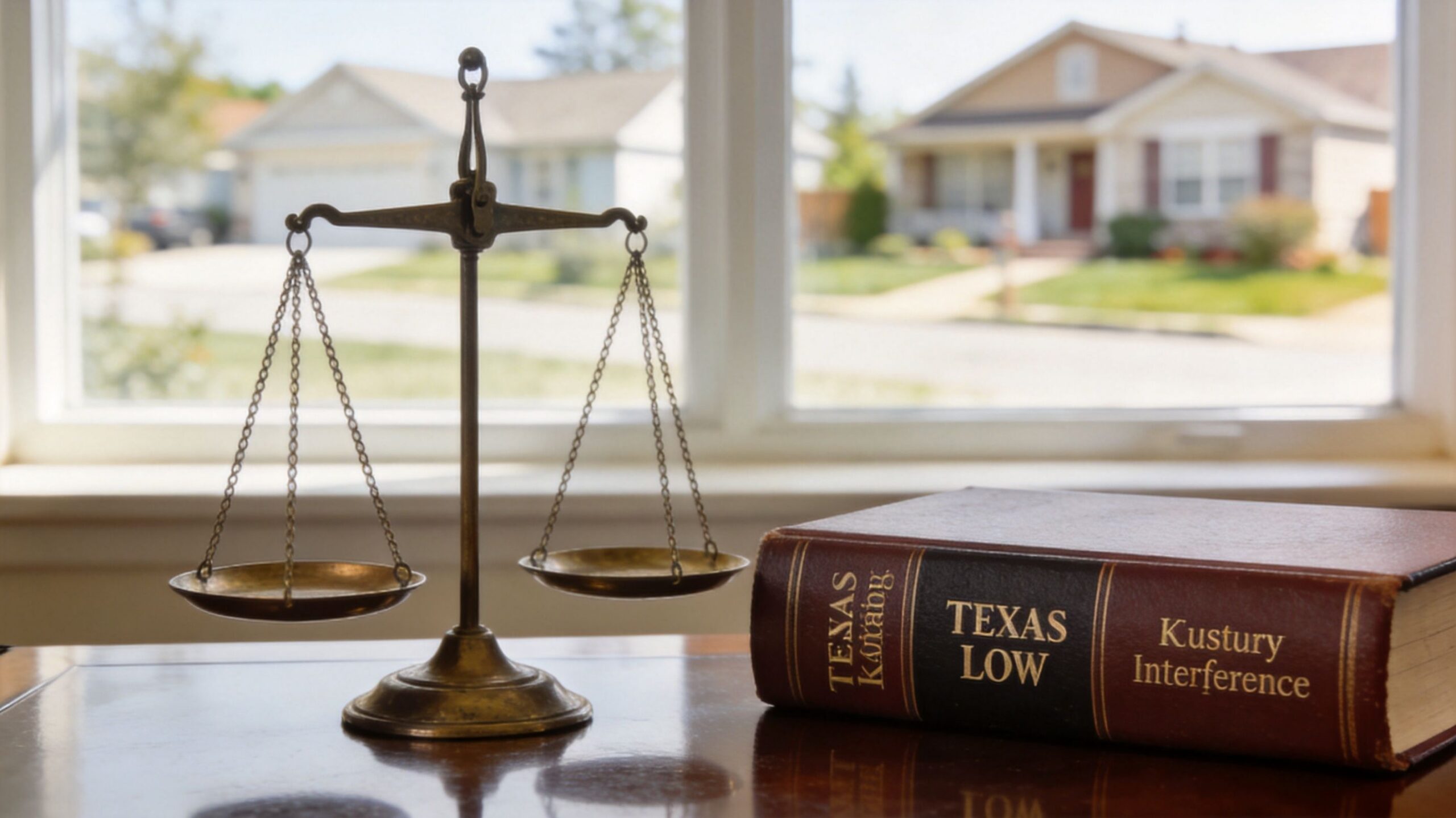 A brass scale of justice and a legal book sitting on a wooden table near a window.