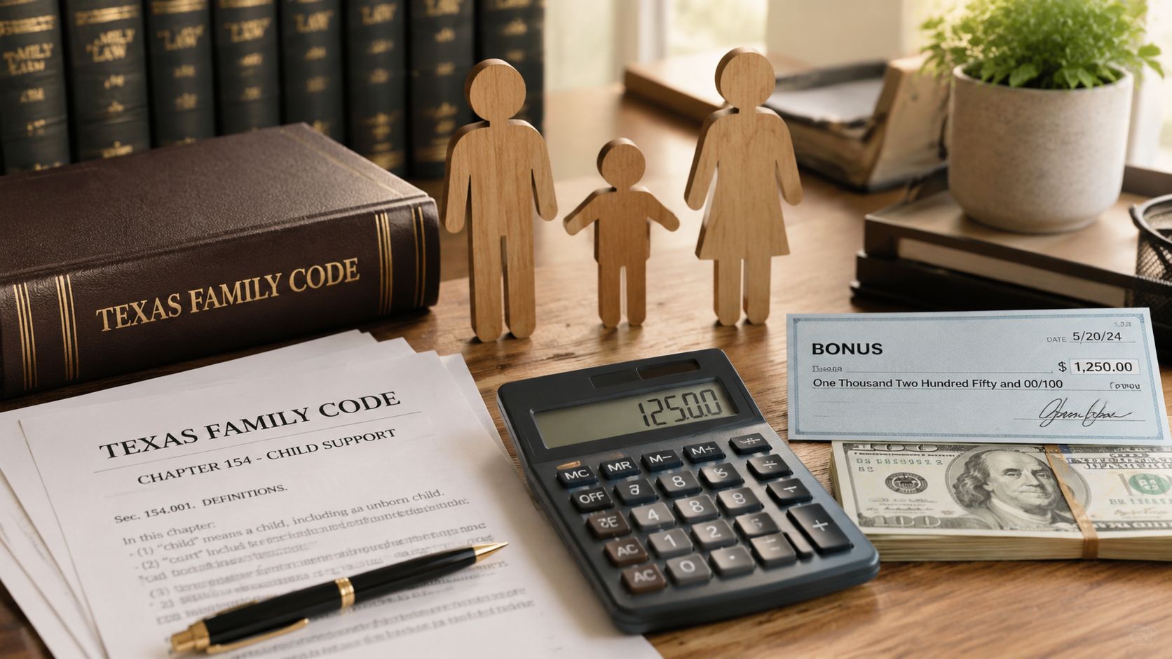 A Texas Family Code book, child support documents, a calculator, and a bonus check on a desk.