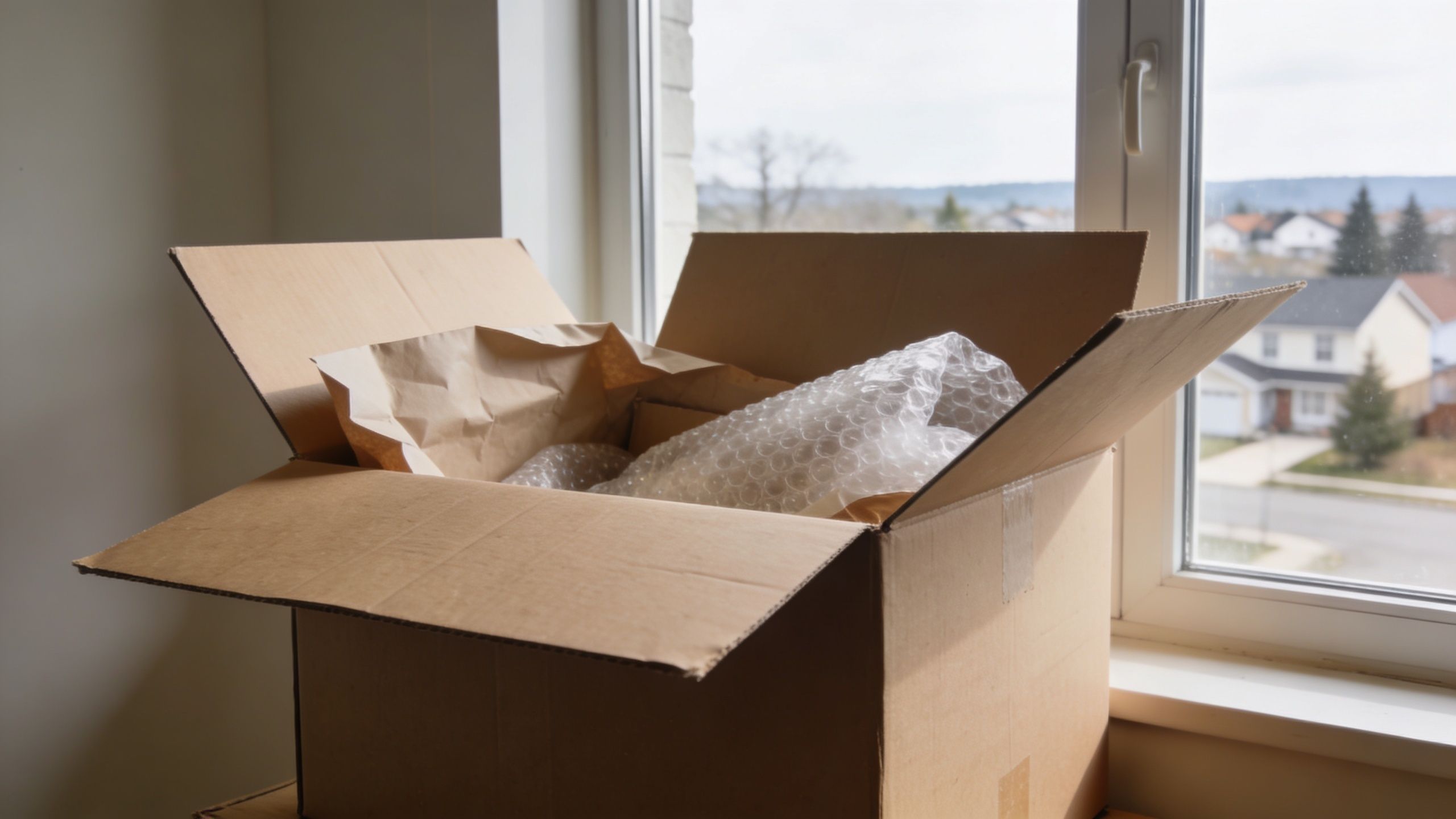 An open cardboard shipping box with bubble wrap and paper inside sitting near a window.