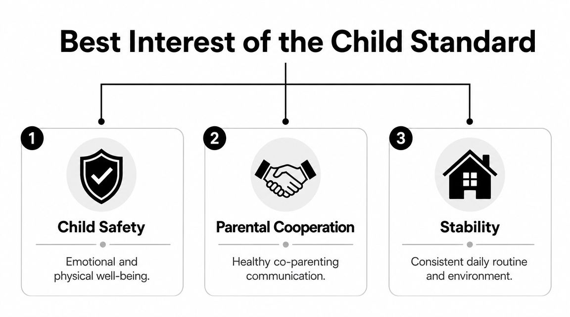 A diagram illustrating the best interest of the child standard for custody decisions with three key pillars.