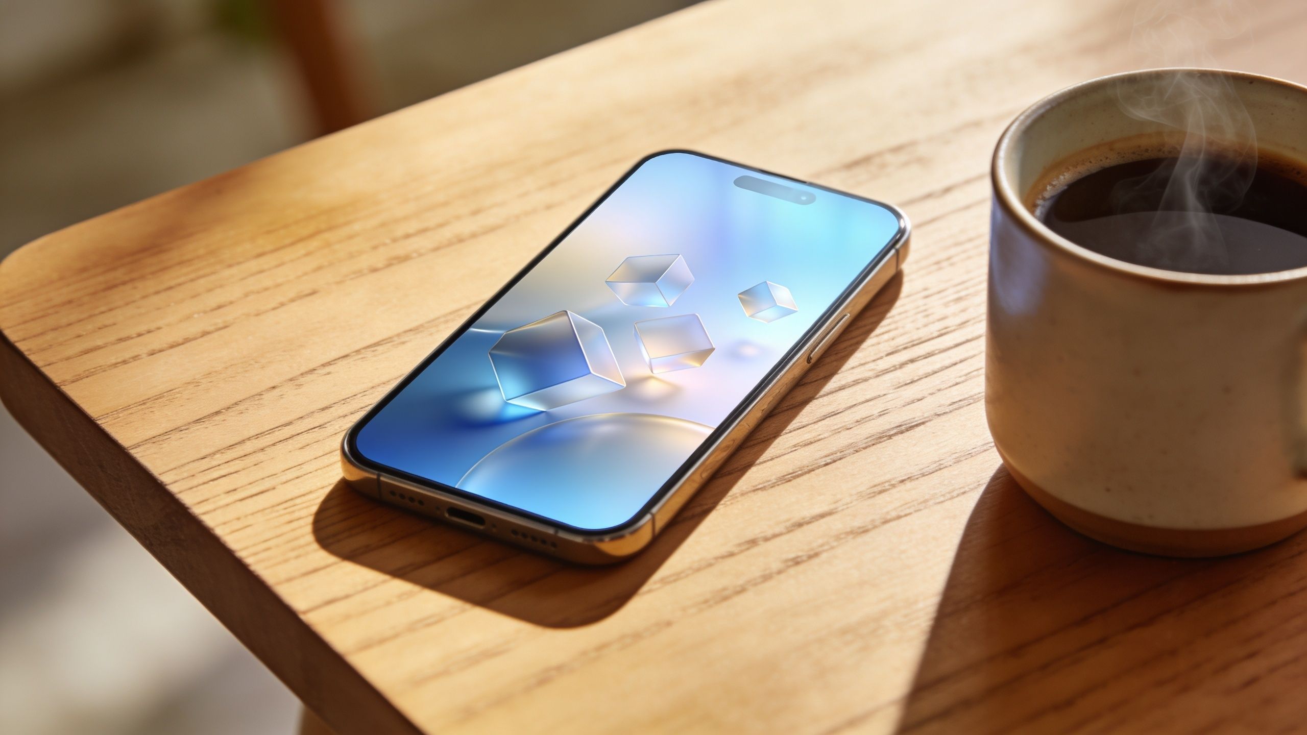 A modern smartphone with a glass cube wallpaper rests on a wooden table beside a hot coffee.
