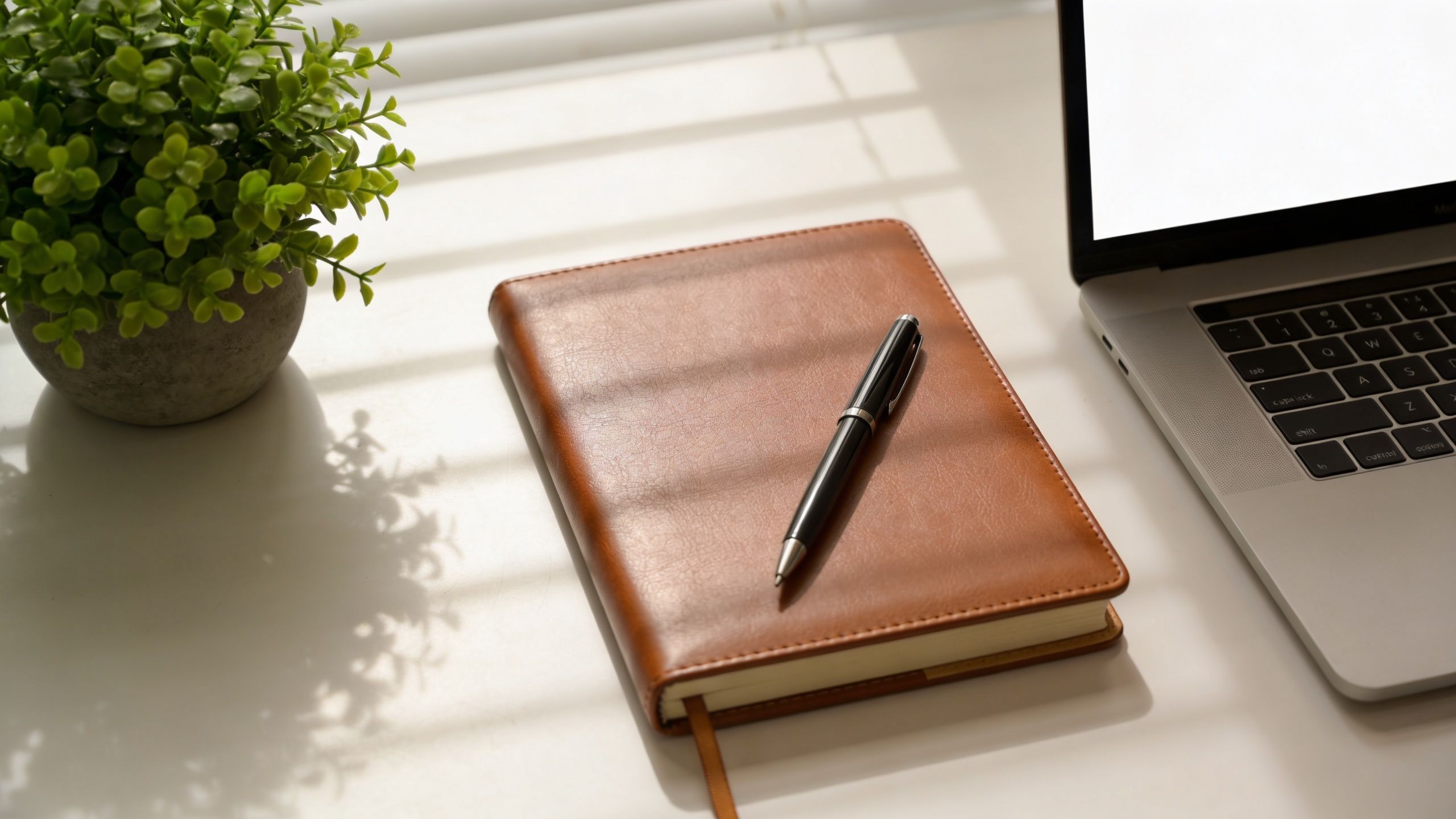 A leather notebook with a pen sitting on a white desk next to a laptop and plant.