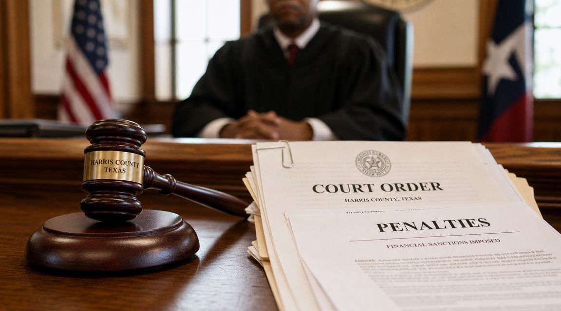 A judge sitting behind a wooden desk with a gavel and a court order document about financial sanctions.