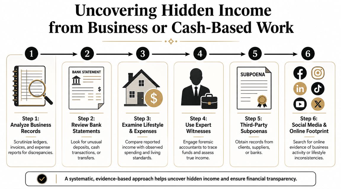 A six-step infographic guide for uncovering hidden income from business or cash-based work during financial investigations.