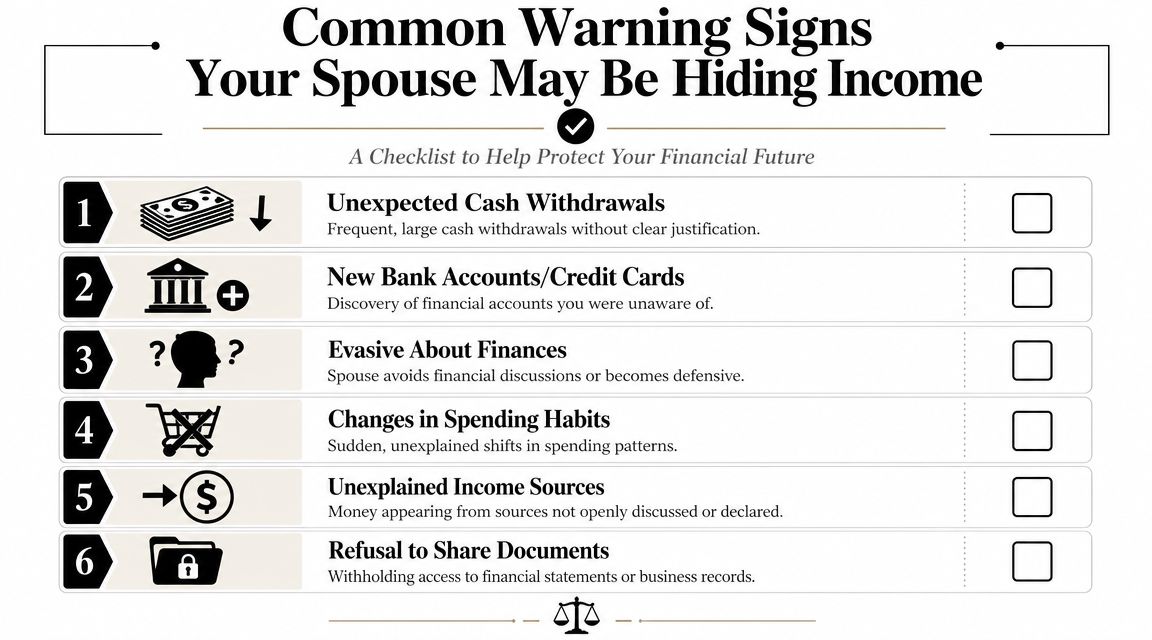 A checklist highlighting six common warning signs that a spouse may be hiding financial income assets.