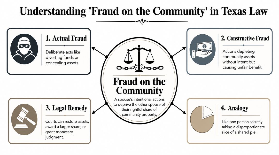A diagram explaining Fraud on the Community in Texas law, detailing actual fraud, constructive fraud, remedies, and analogies.