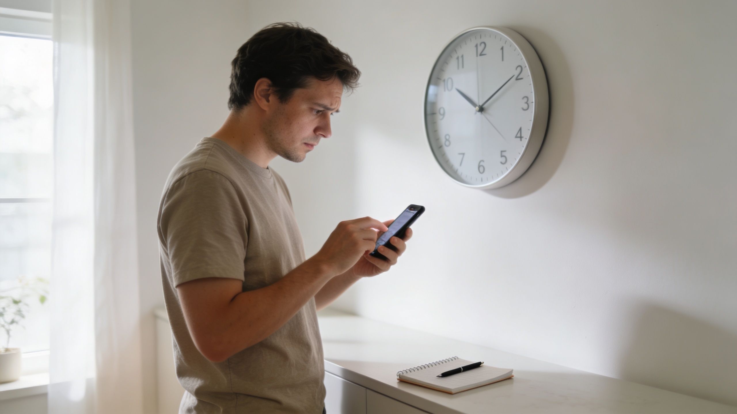 A concerned young man checks his smartphone while standing in a room with a wall clock.