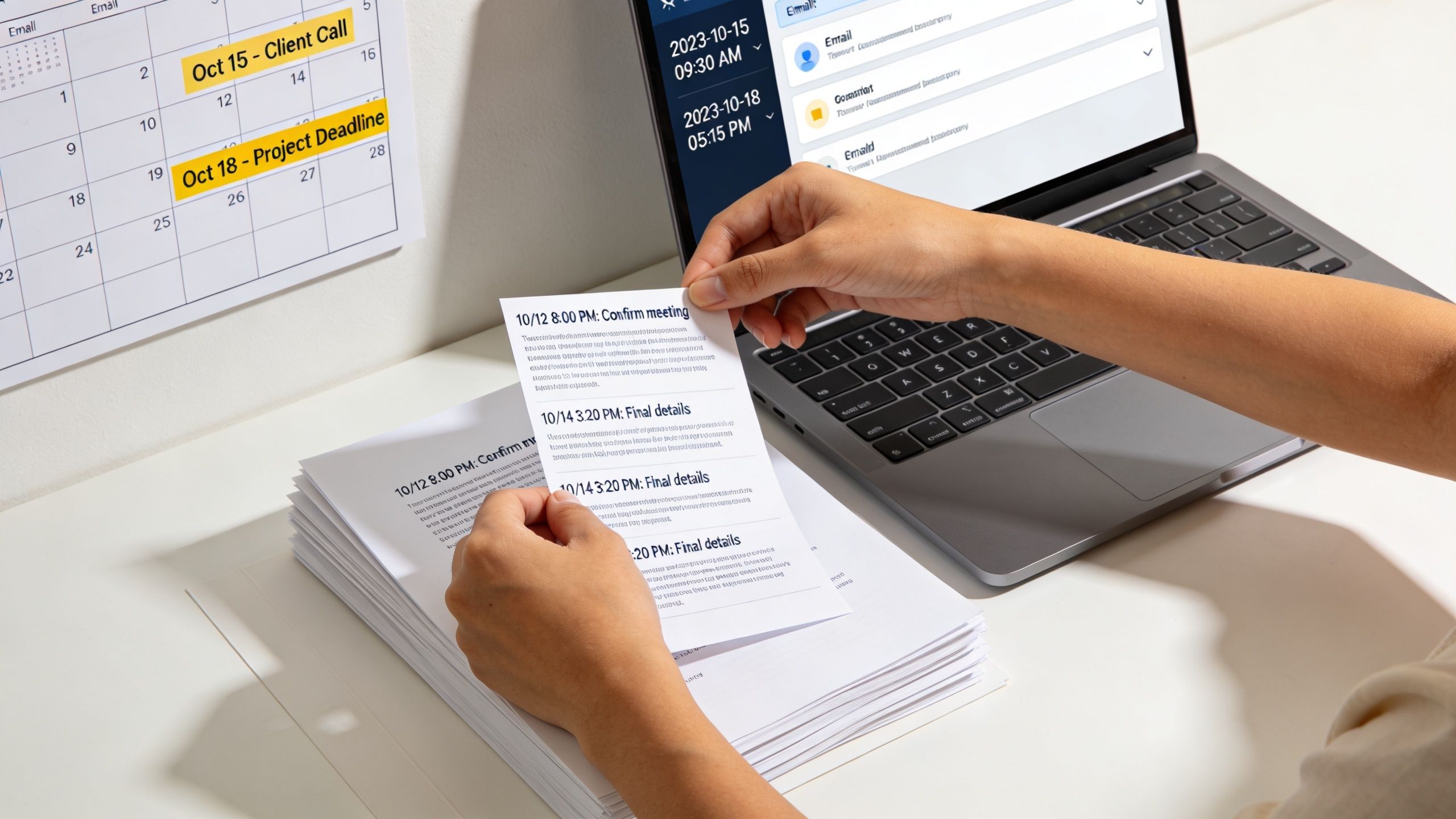 A person organizing printed documents while reviewing their digital schedule on a laptop computer.