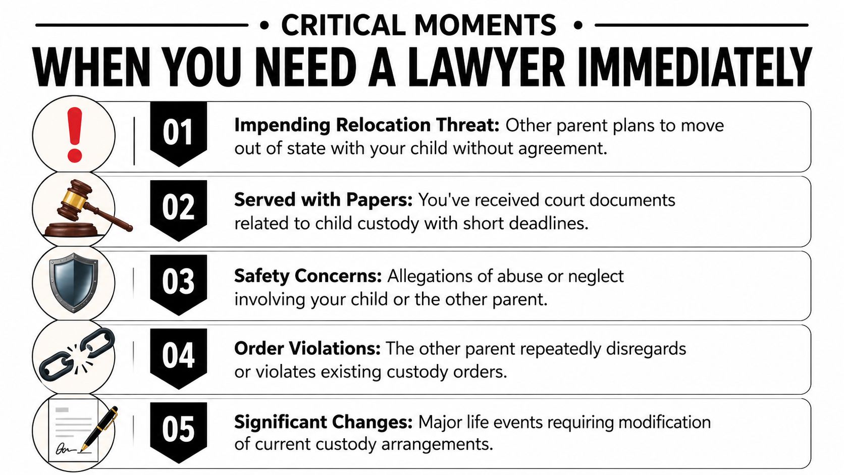 An infographic listing five critical situations that require immediate legal assistance regarding child custody arrangements.