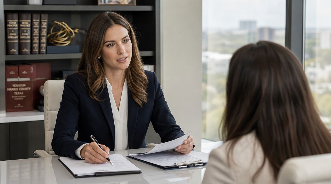 A professional female attorney consults with a client in a modern law office in Atascocita, Texas.