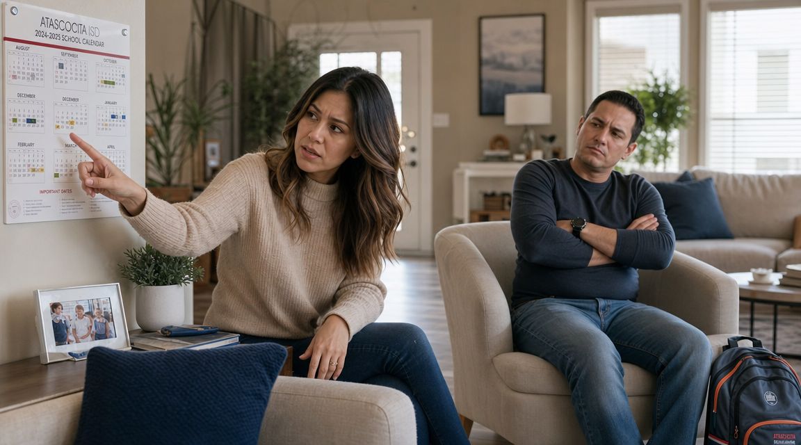 A couple has a serious discussion in their living room while reviewing a school calendar on the wall.