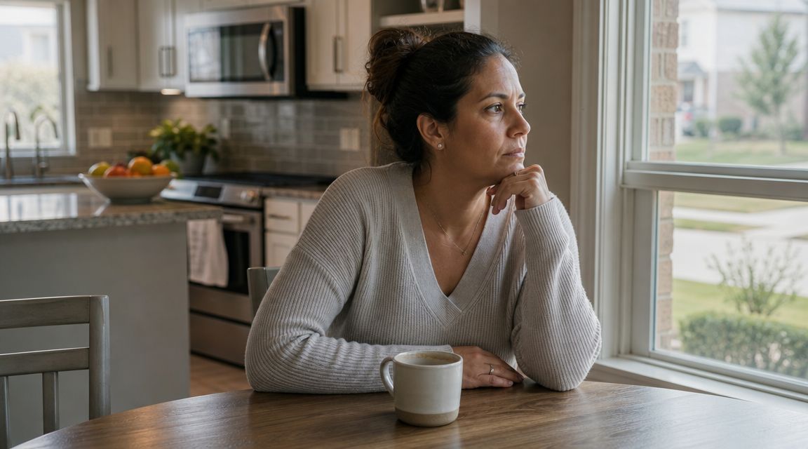 A pensive woman sitting at a table with coffee, looking out the window in her home.