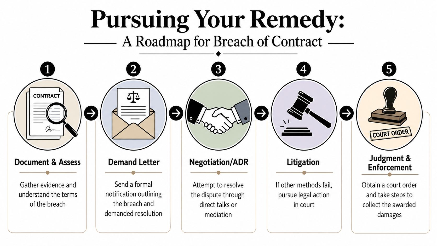 A five-step roadmap infographic outlining the legal process for resolving a breach of contract dispute.