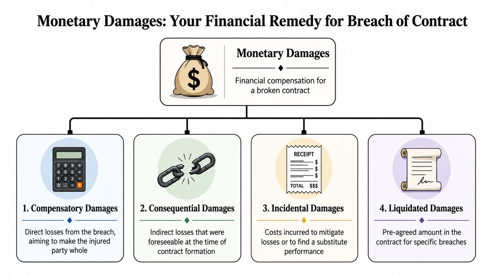 An infographic illustrating four types of monetary damages for breach of contract, including compensatory, consequential, incidental, and liquidated.