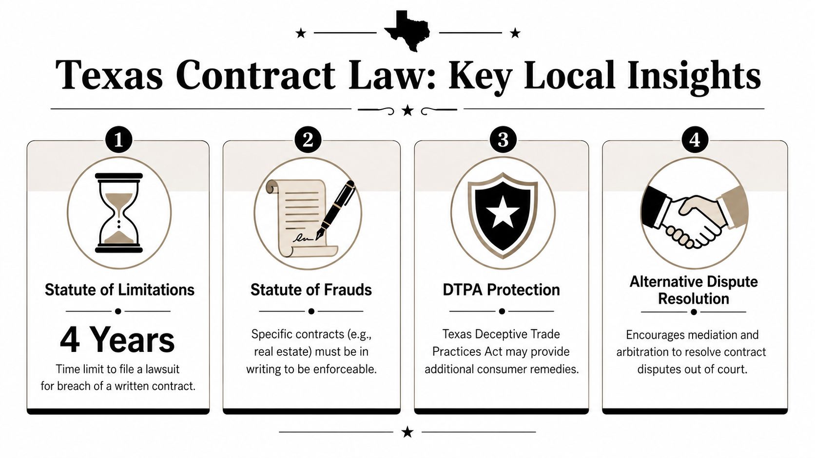 An infographic summarizing four key concepts of Texas contract law including statutes of limitations and dispute resolution.