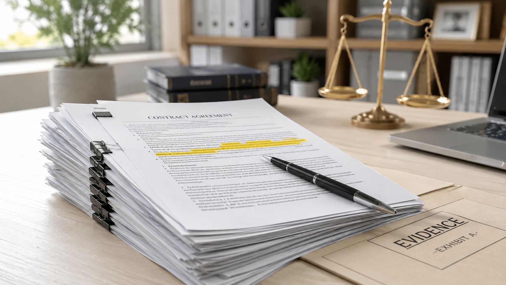 A stack of legal documents and a contract with a pen on a desk near scales of justice.