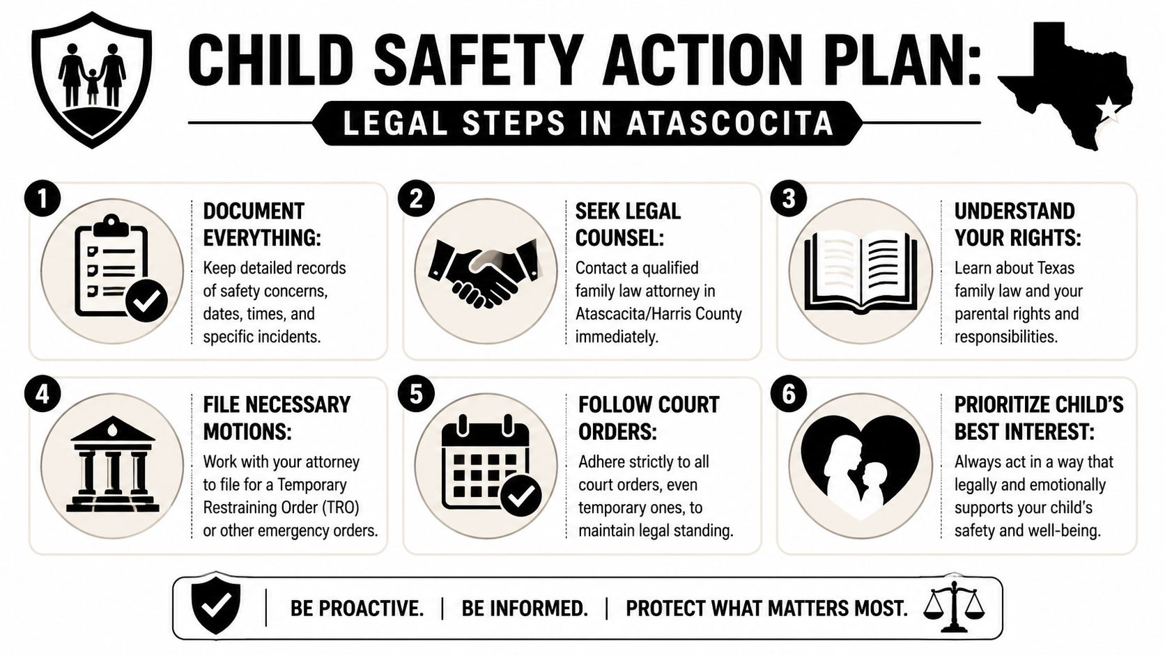 A six-step infographic titled Child Safety Action Plan: Legal Steps in Atascocita providing guidance on legal procedures.