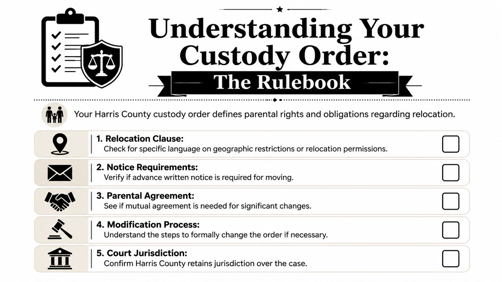 A checklist infographic titled Understanding Your Custody Order, outlining five essential legal rules for child custody relocation.
