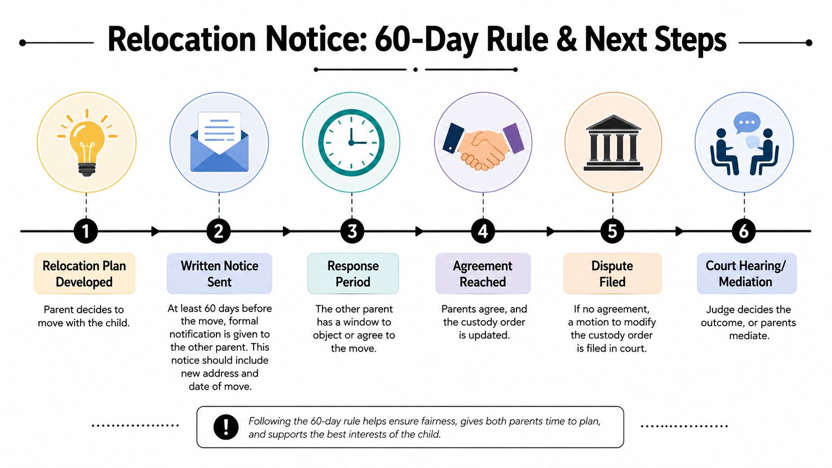 An infographic illustrating the six-step legal process for relocation notice when a parent moves with a child.