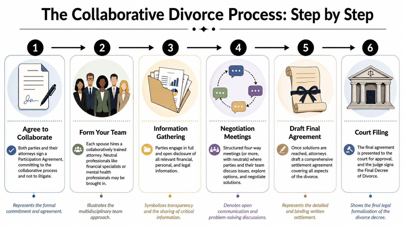 A six-step infographic illustrating the collaborative divorce process, moving from initial agreement to final court filing.