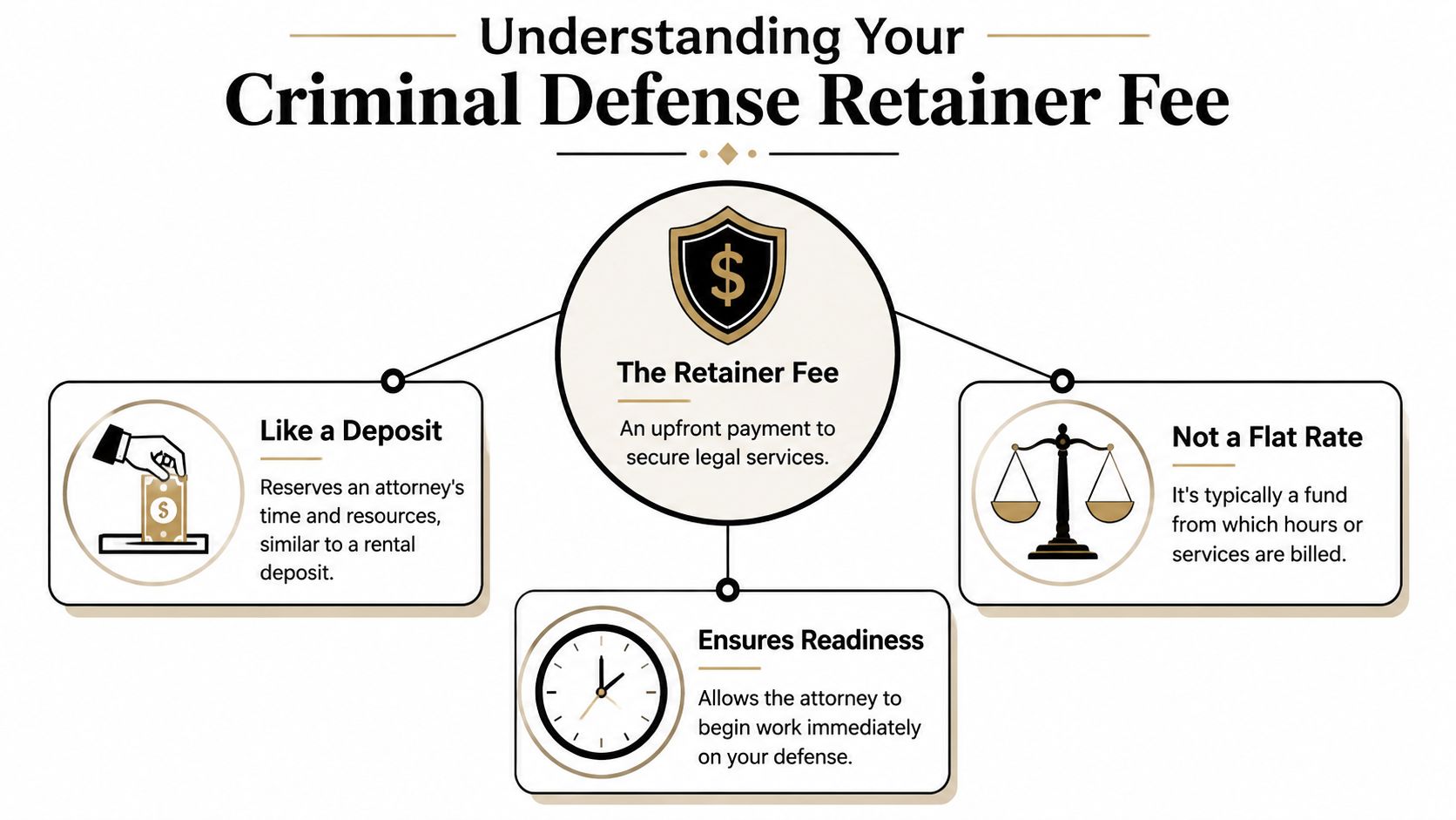 An infographic explaining that a criminal defense retainer fee is an upfront deposit ensuring immediate legal services.