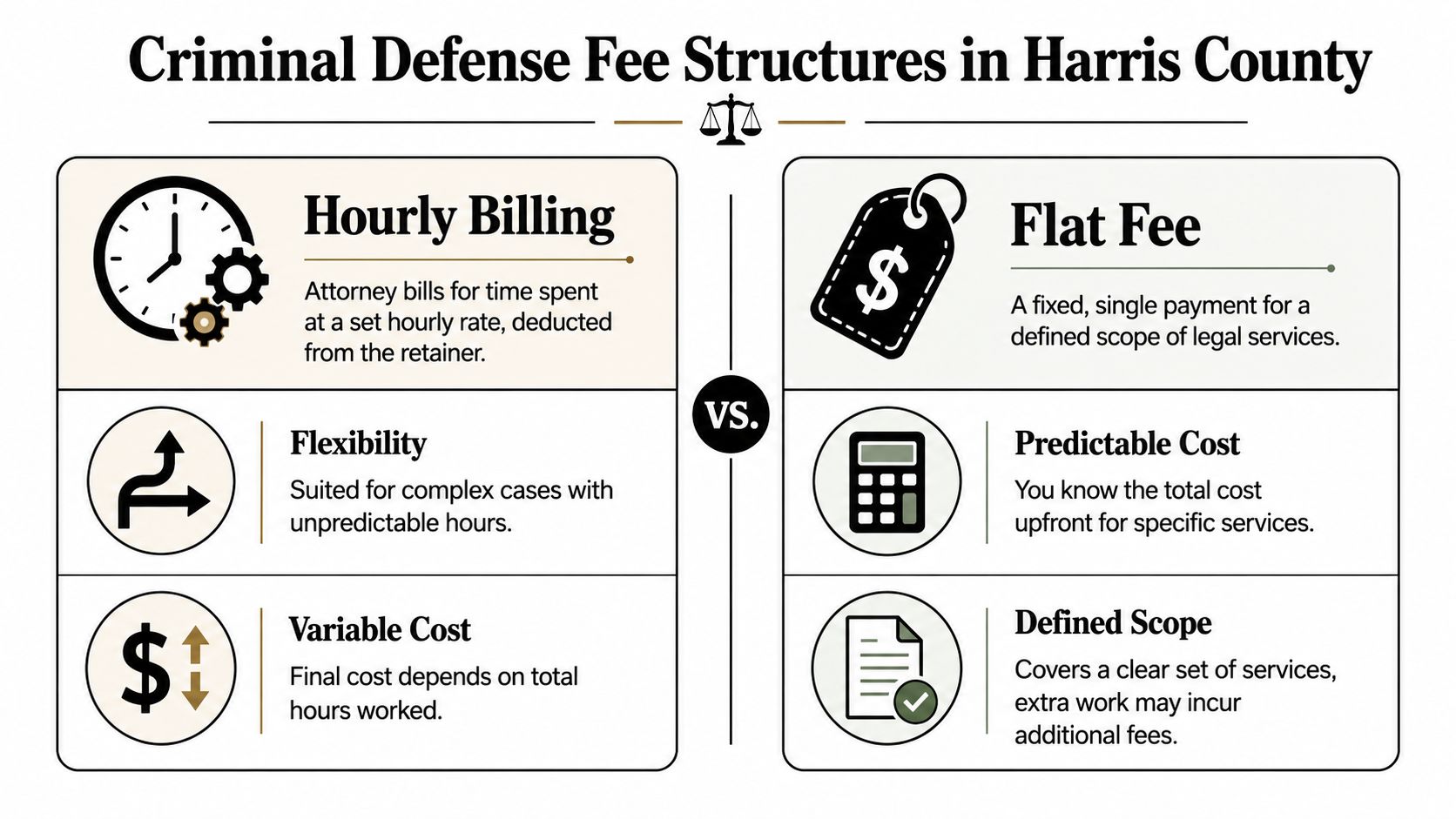 An infographic comparing hourly billing versus flat fee structures for criminal defense attorneys in Harris County.