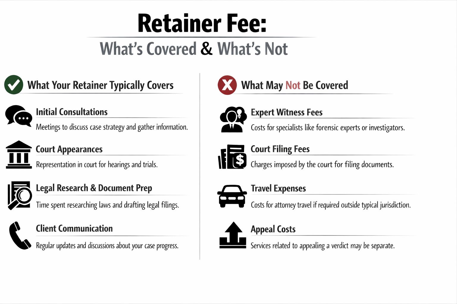 An infographic detailing typical legal services covered and not covered by a criminal defense retainer fee.