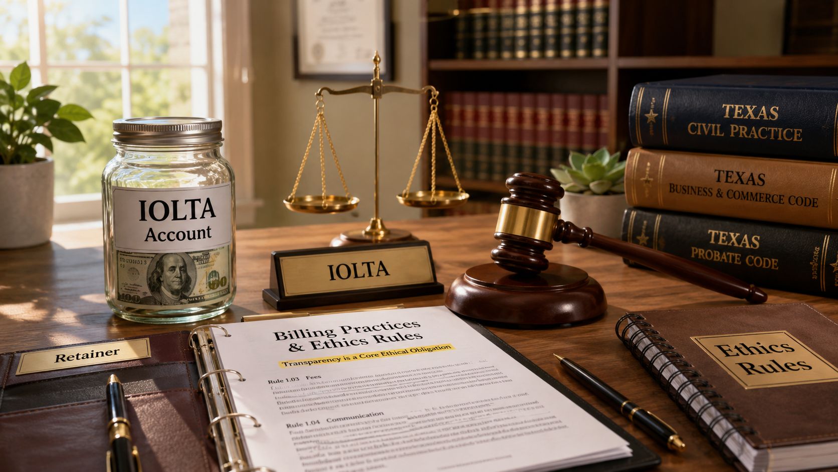 A professional law office desk featuring an IOLTA account jar, gavel, legal books, and ethical billing documents.