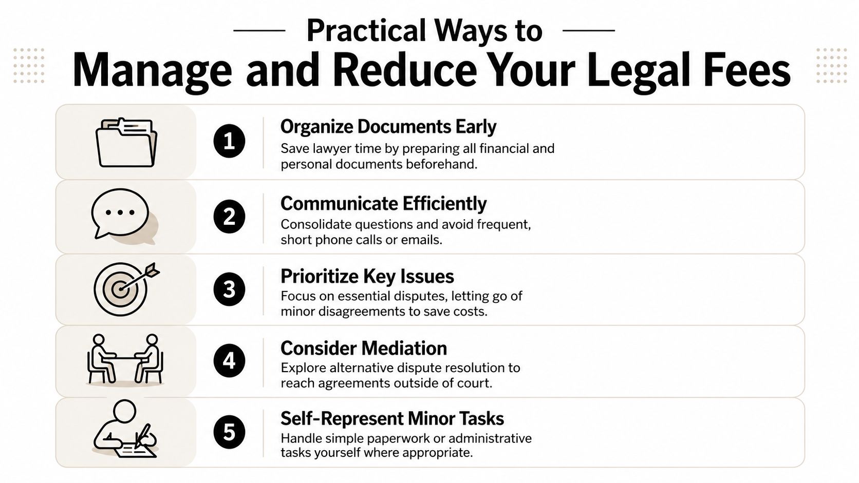 A helpful infographic showing five practical tips to manage and reduce your legal fees effectively.