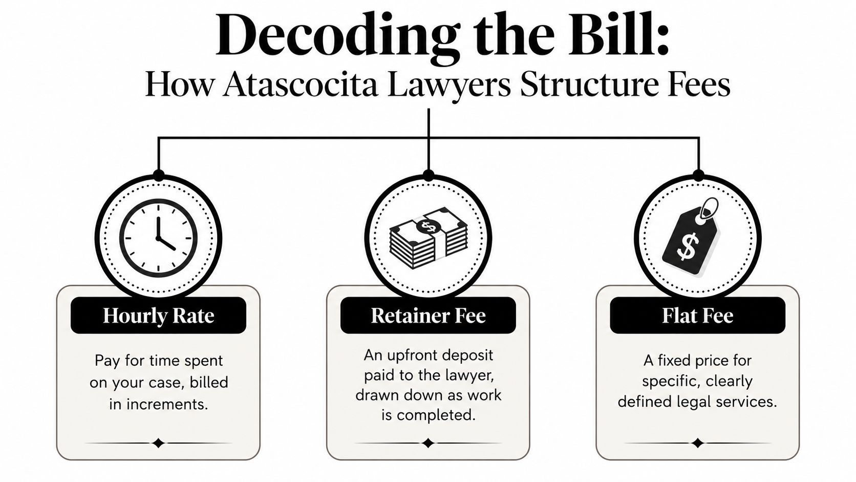 An infographic titled Decoding the Bill explaining three common legal fee structures: Hourly, Retainer, and Flat.