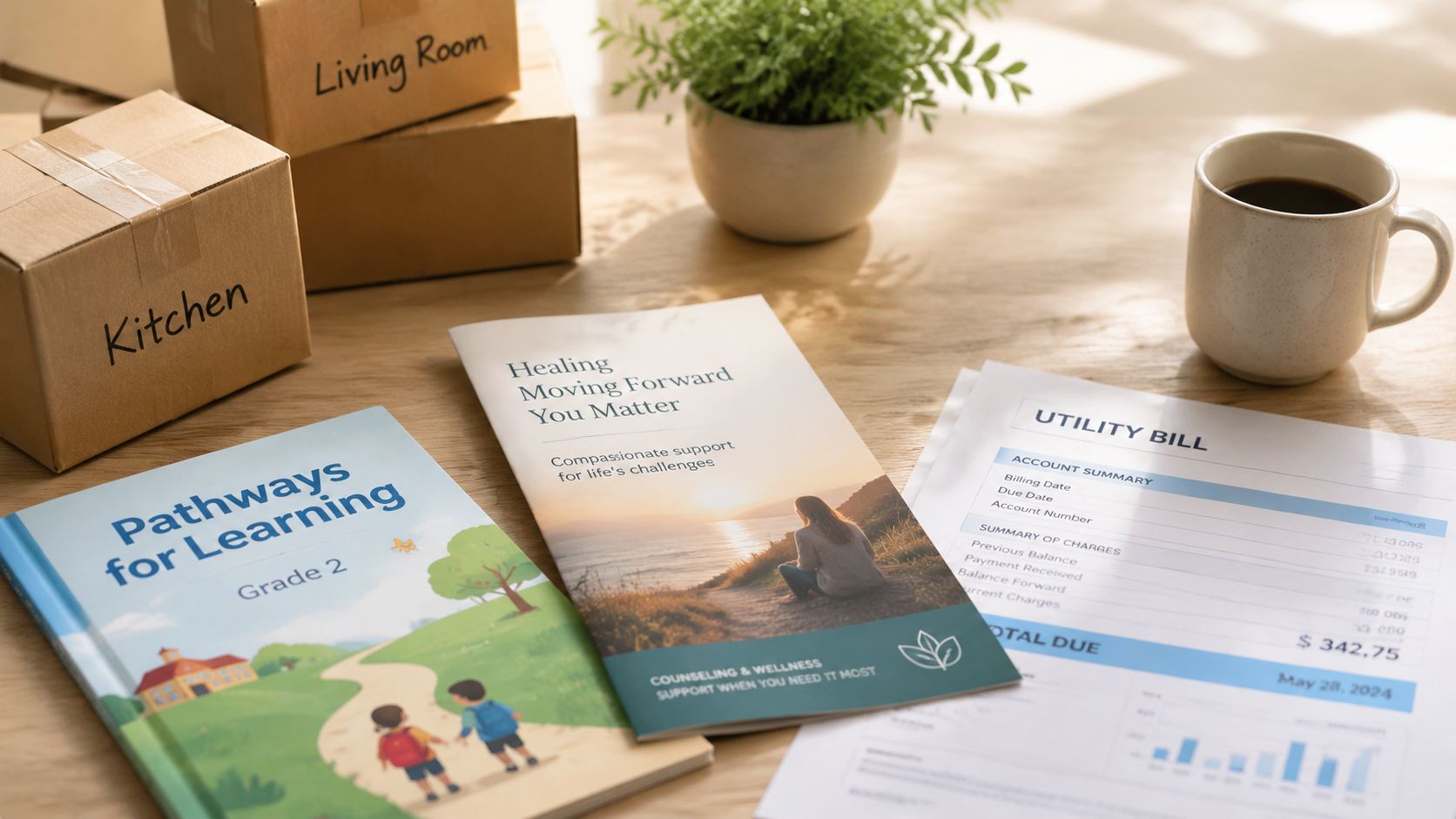 A wooden table featuring moving boxes, a textbook, counseling brochure, and a utility bill, representing life transitions.