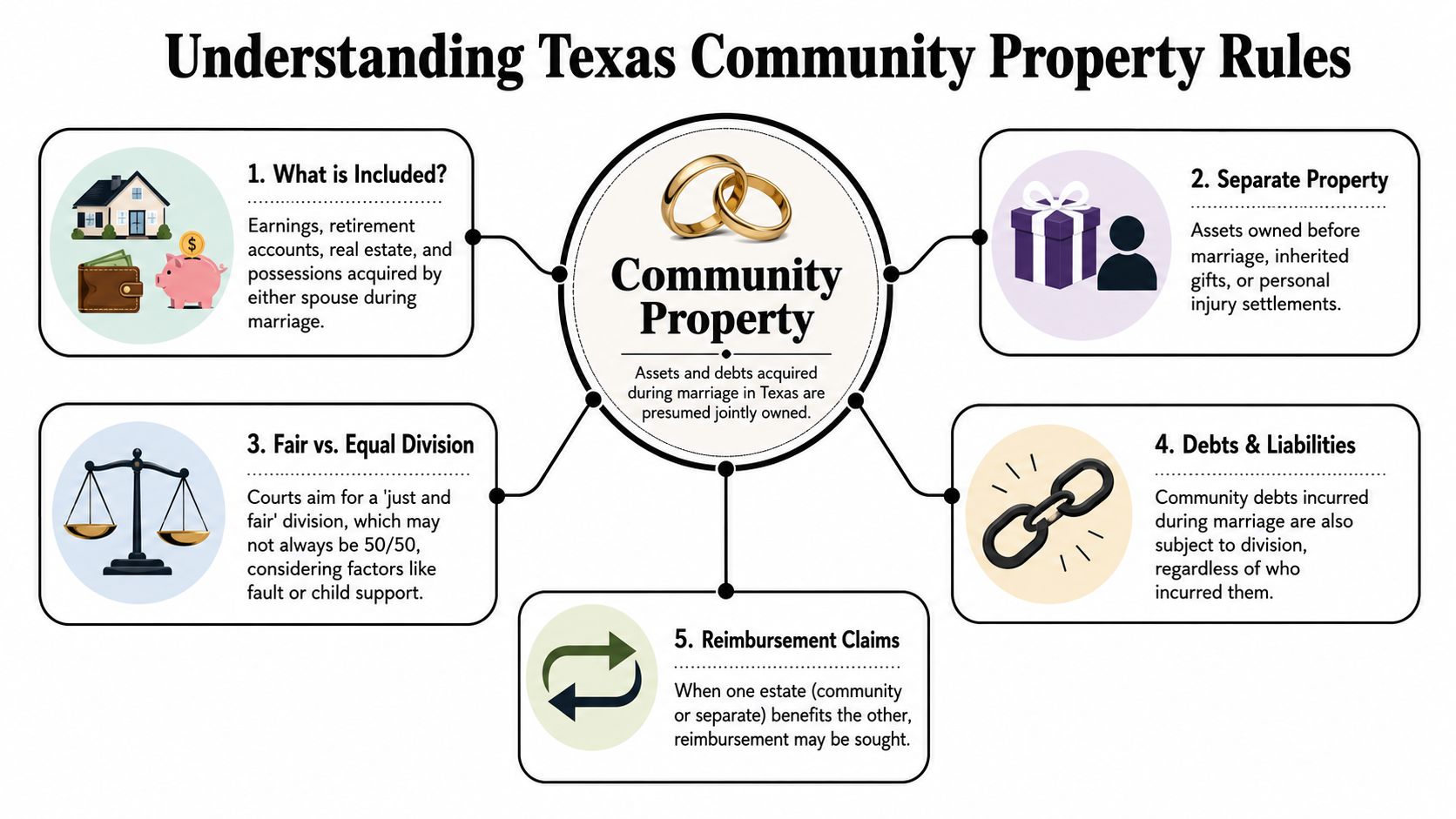 An infographic titled Understanding Texas Community Property Rules illustrating how assets and debts are handled during divorce.