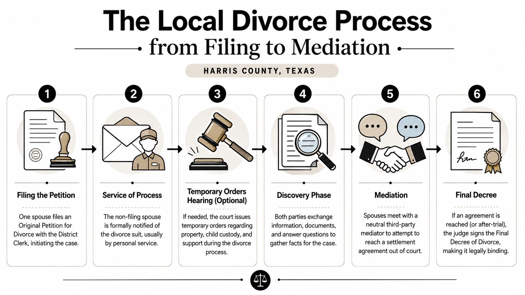 An infographic showing the six-step local divorce process from filing to final decree in Harris County, Texas.