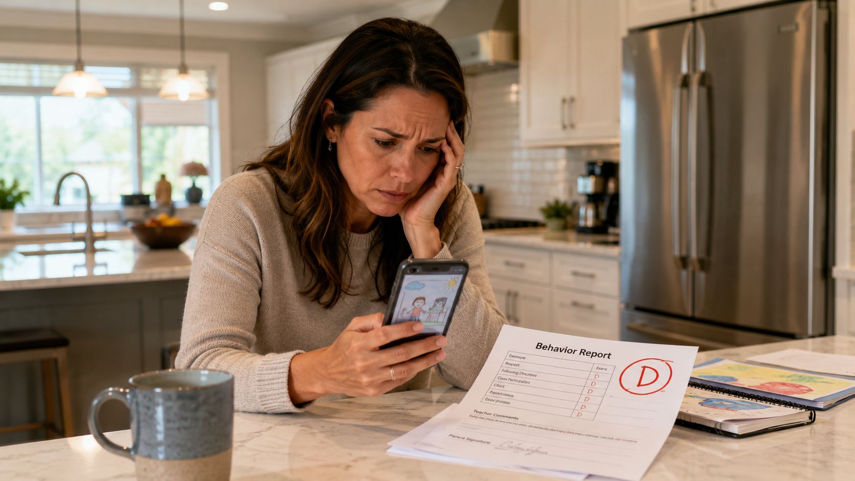A concerned mother looking stressed at her kitchen island while holding a phone and a report card.