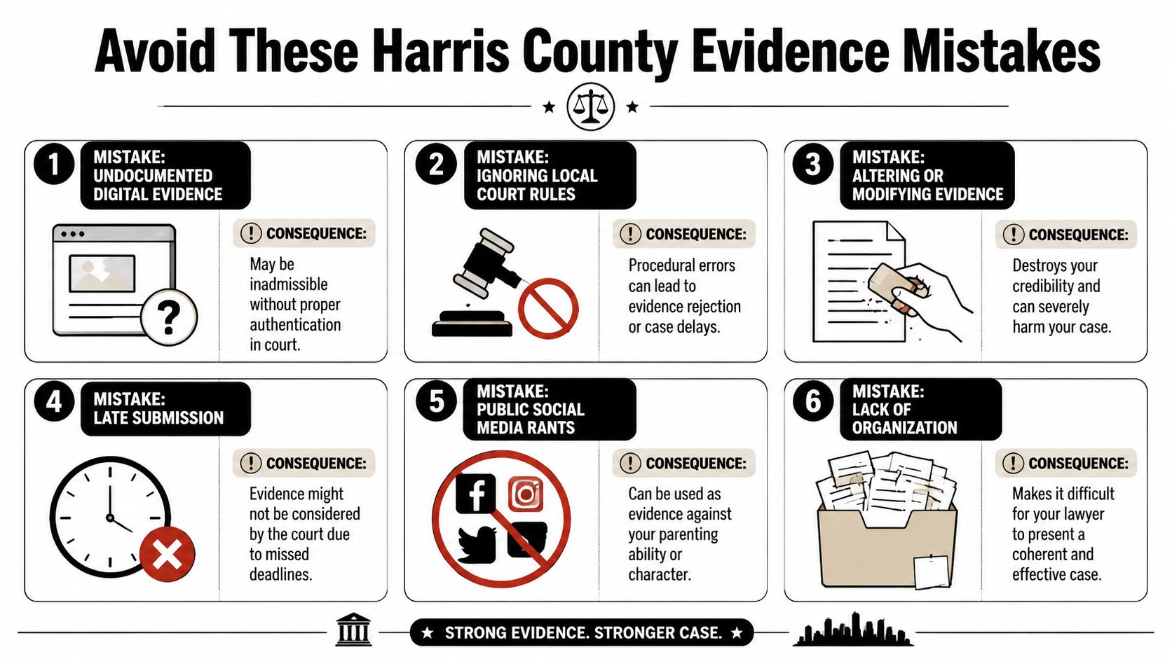 An infographic detailing six common evidence mistakes to avoid during legal proceedings in Harris County, Texas.