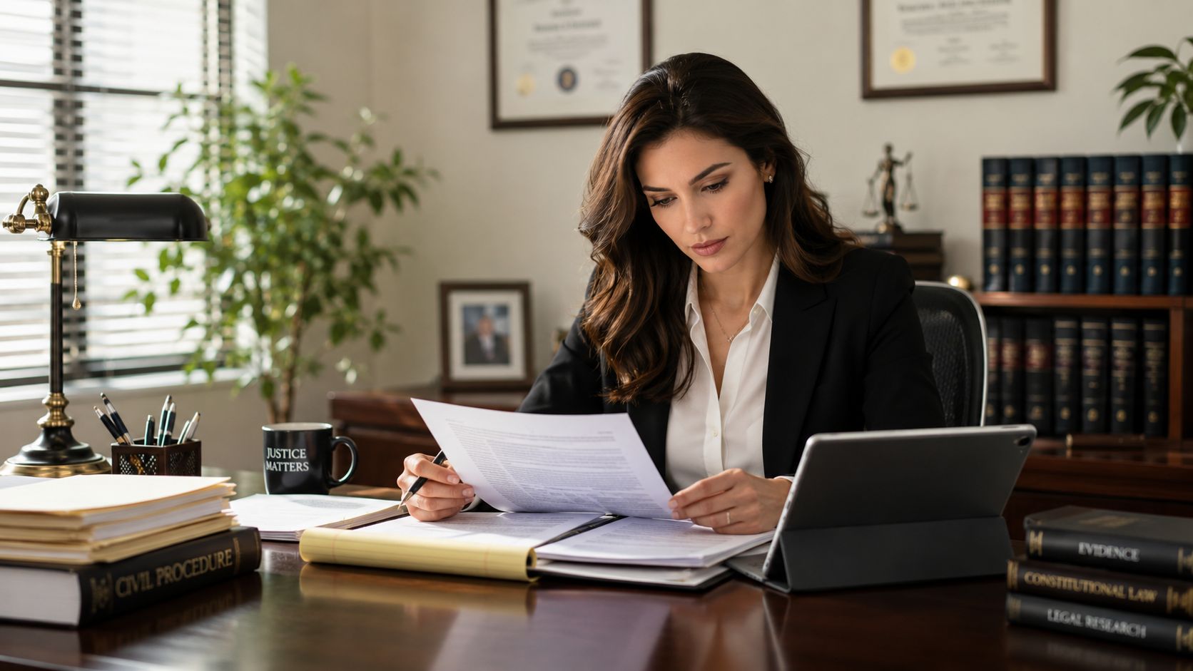 A professional female attorney reviewing legal documents at her desk in a law office setting.