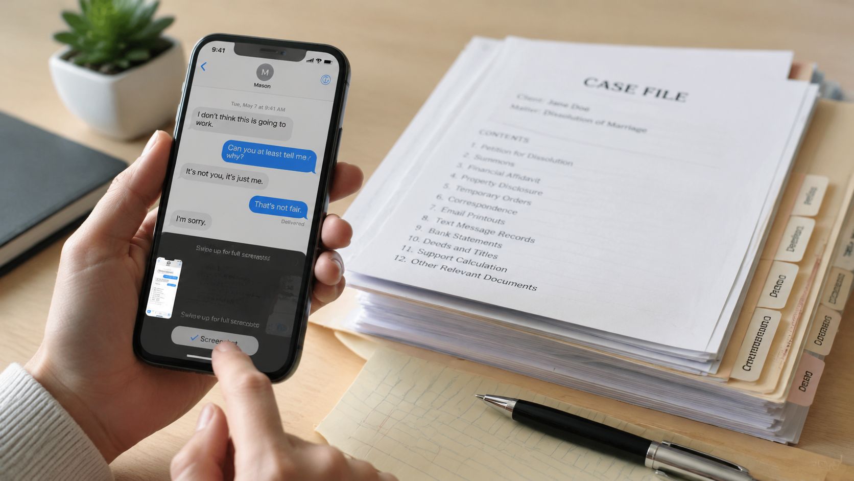 A person holding a smartphone showing text messages next to legal case file documents on a desk.