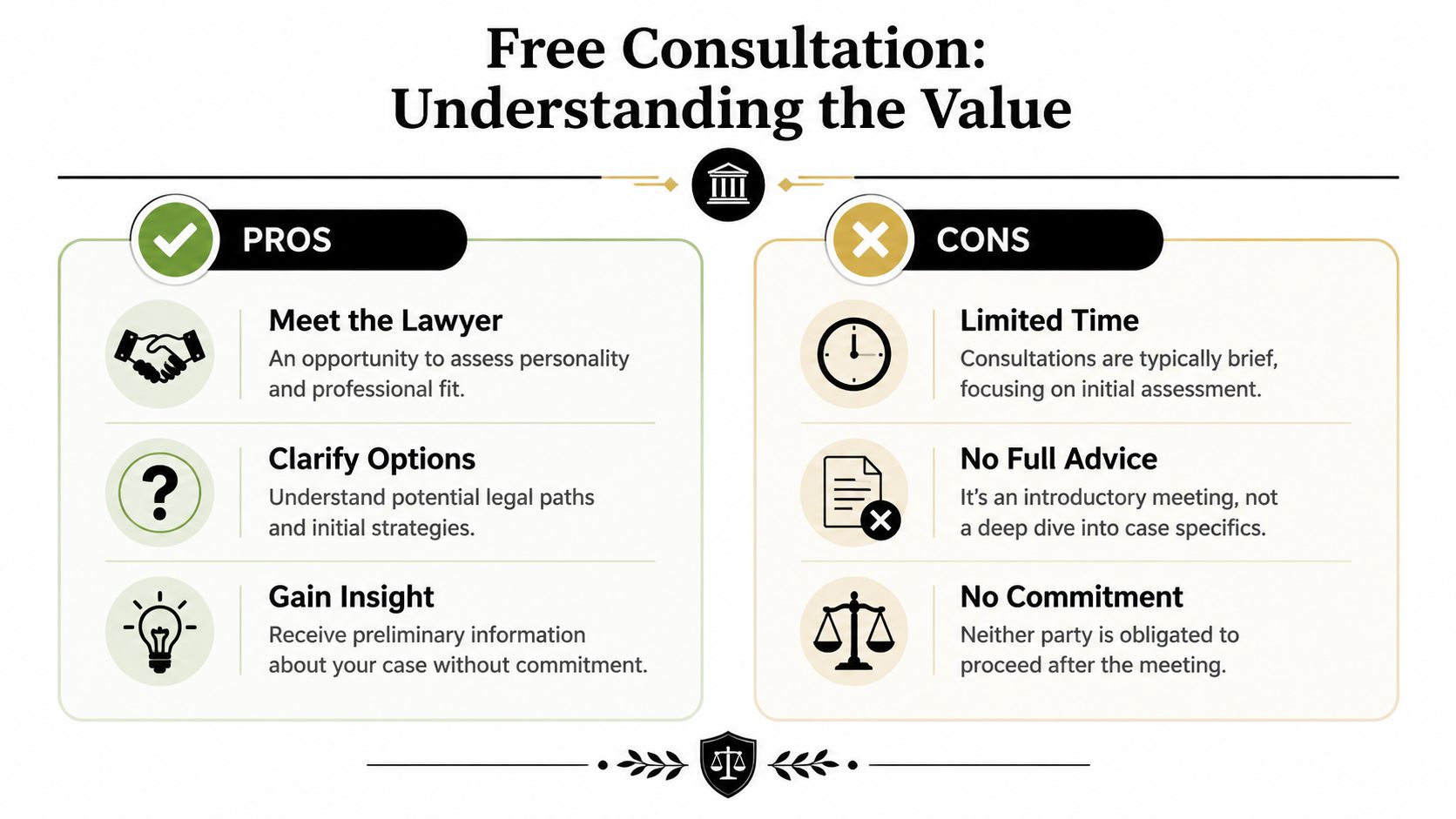 An infographic showing the pros and cons of a free legal consultation with an attorney.