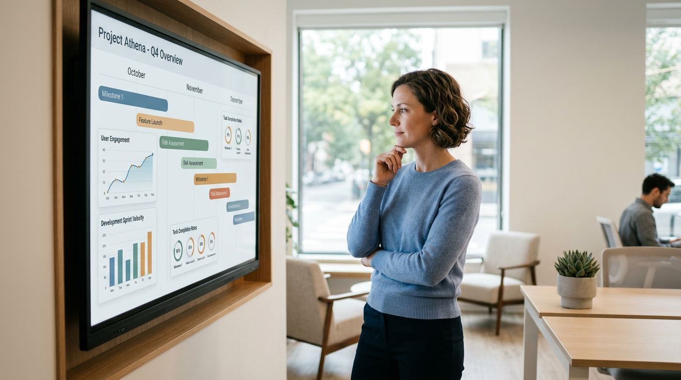 A professional woman in an office examining a project dashboard displayed on a large wall-mounted monitor.