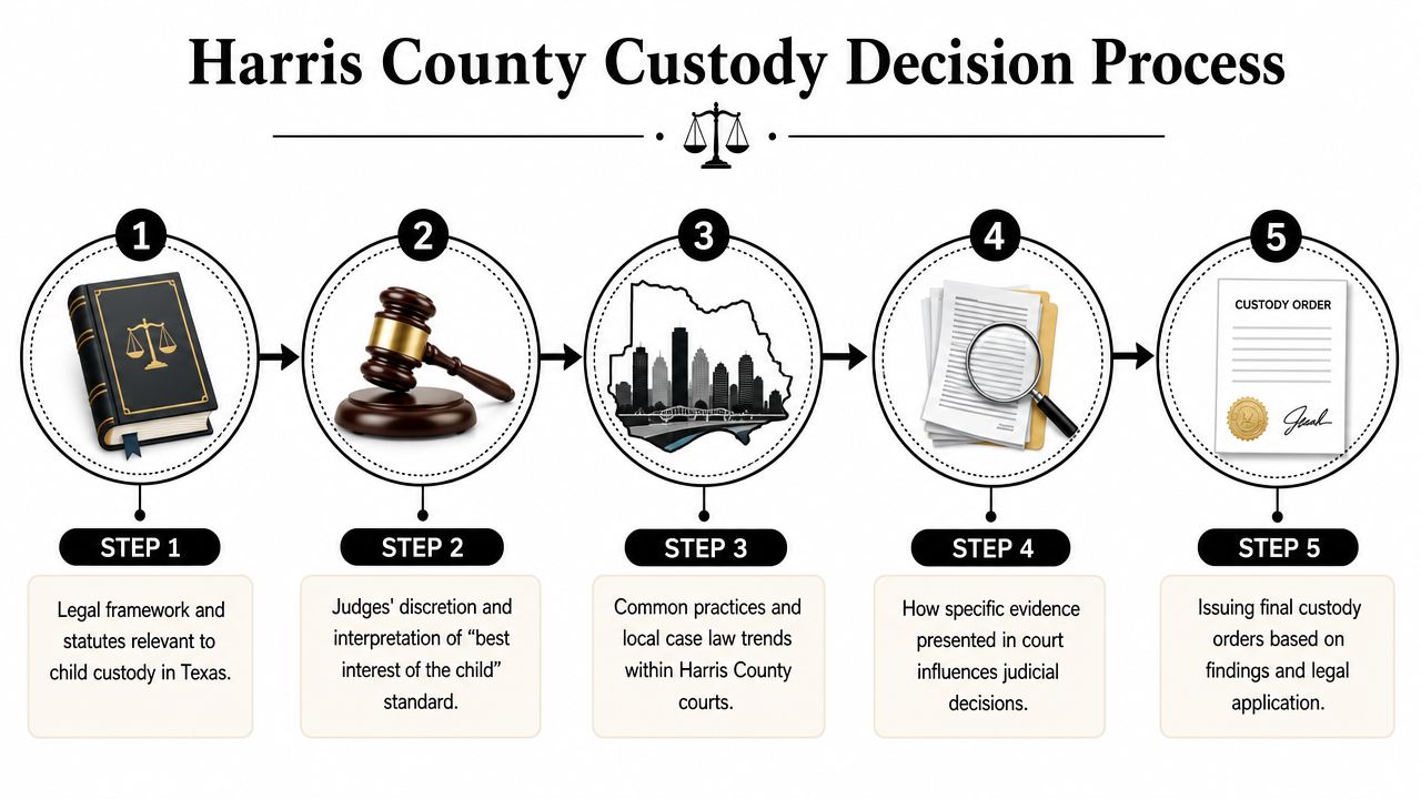A five-step flowchart illustrating the legal child custody decision process in Harris County, Texas.