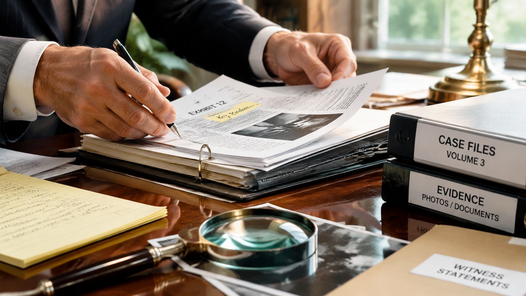 A legal professional reviewing court case documents and evidence photos in a dimly lit office setting.