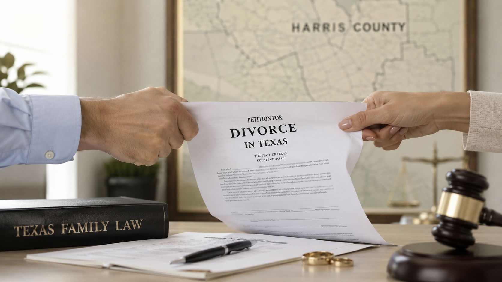 Two people pulling a petition for divorce document in Harris County, Texas on a legal office desk.