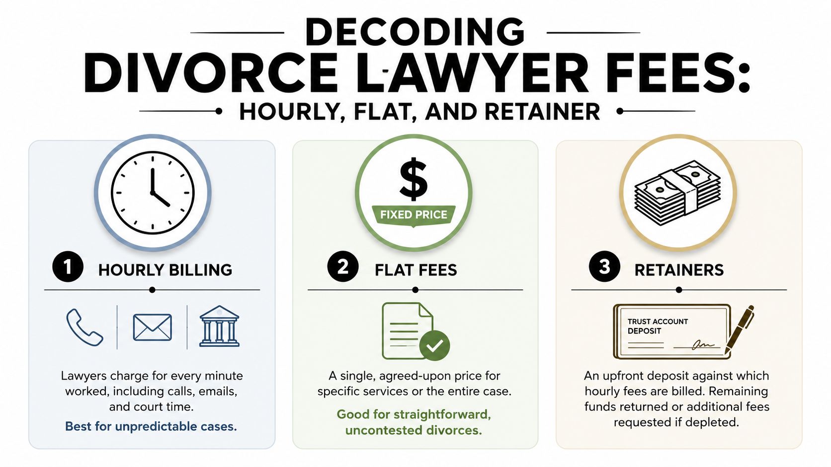 An infographic titled Decoding Divorce Lawyer Fees explaining hourly billing, flat fees, and retainers in legal cases.