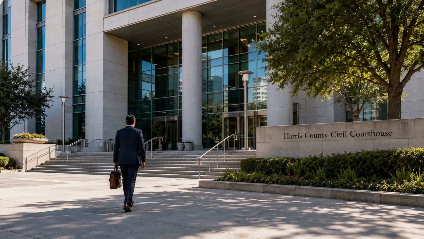 A professional man walking towards the Harris County Civil Courthouse entrance carrying a leather briefcase.